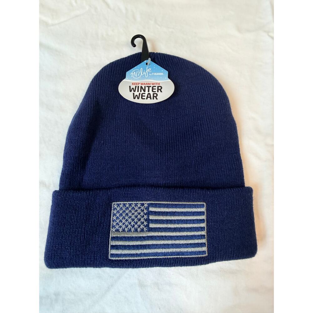 NWT 24/7 Life by 7-Eleven Winter Wear Navy Cuffed Beanie American Flag